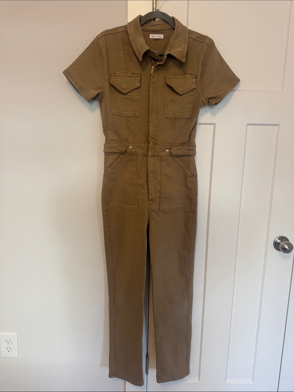 Good American Short Sleeve Utility Jumpsuit in Taupe